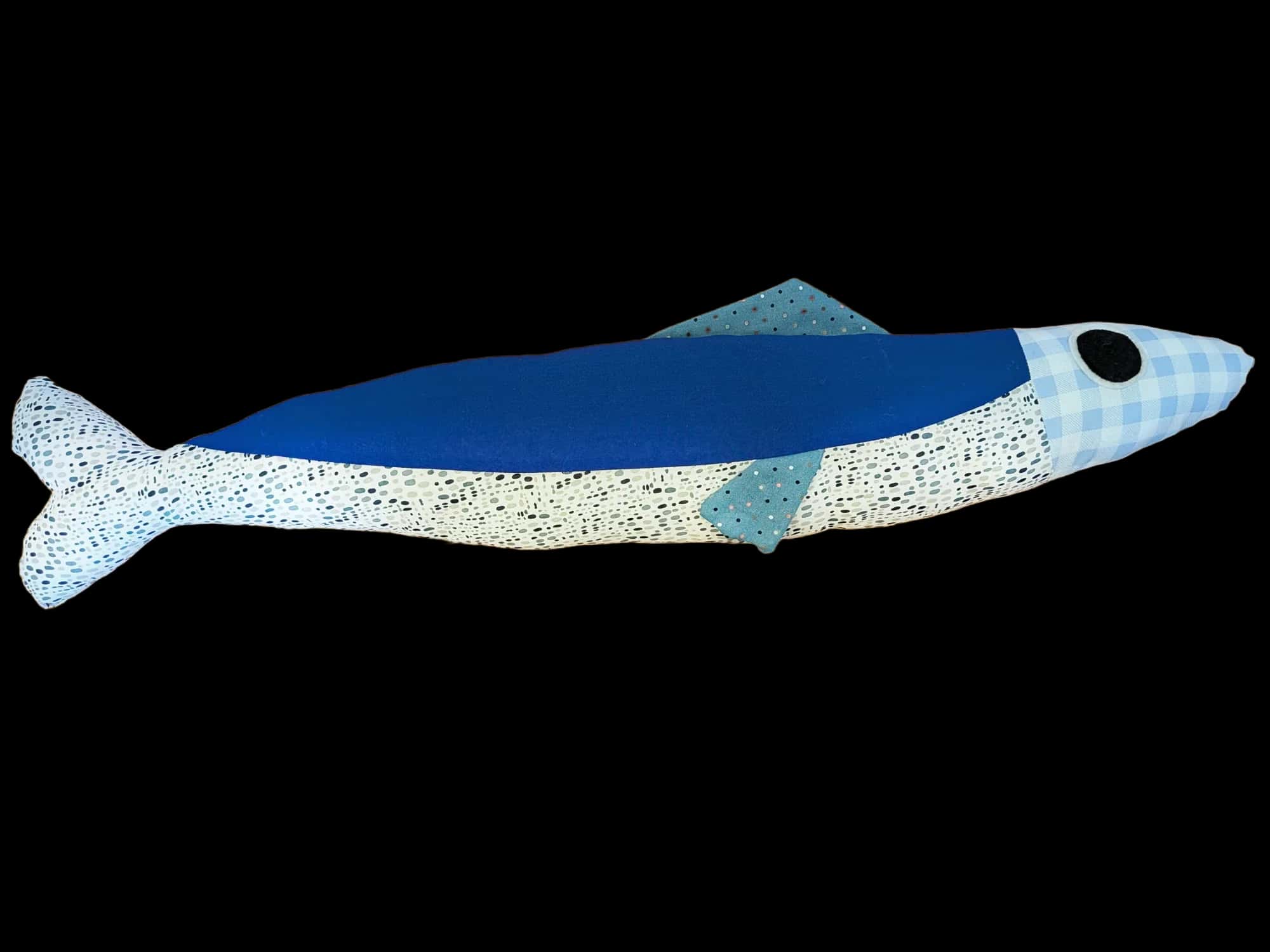 3 foot long blue and white plush sardine