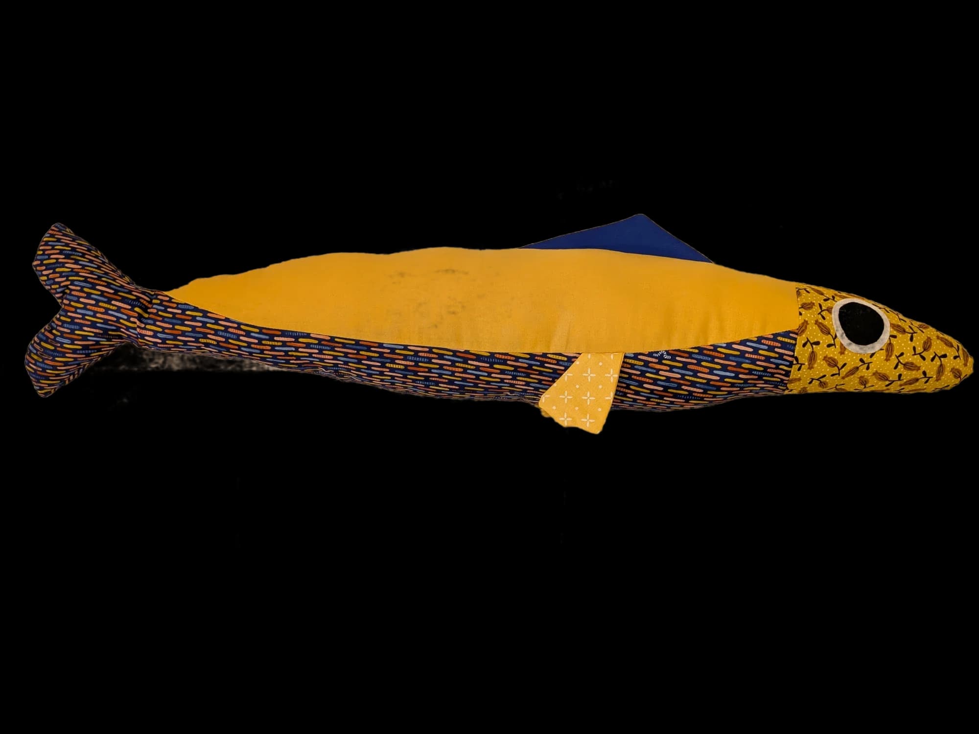 3 foot long yellow and blue plush sardine