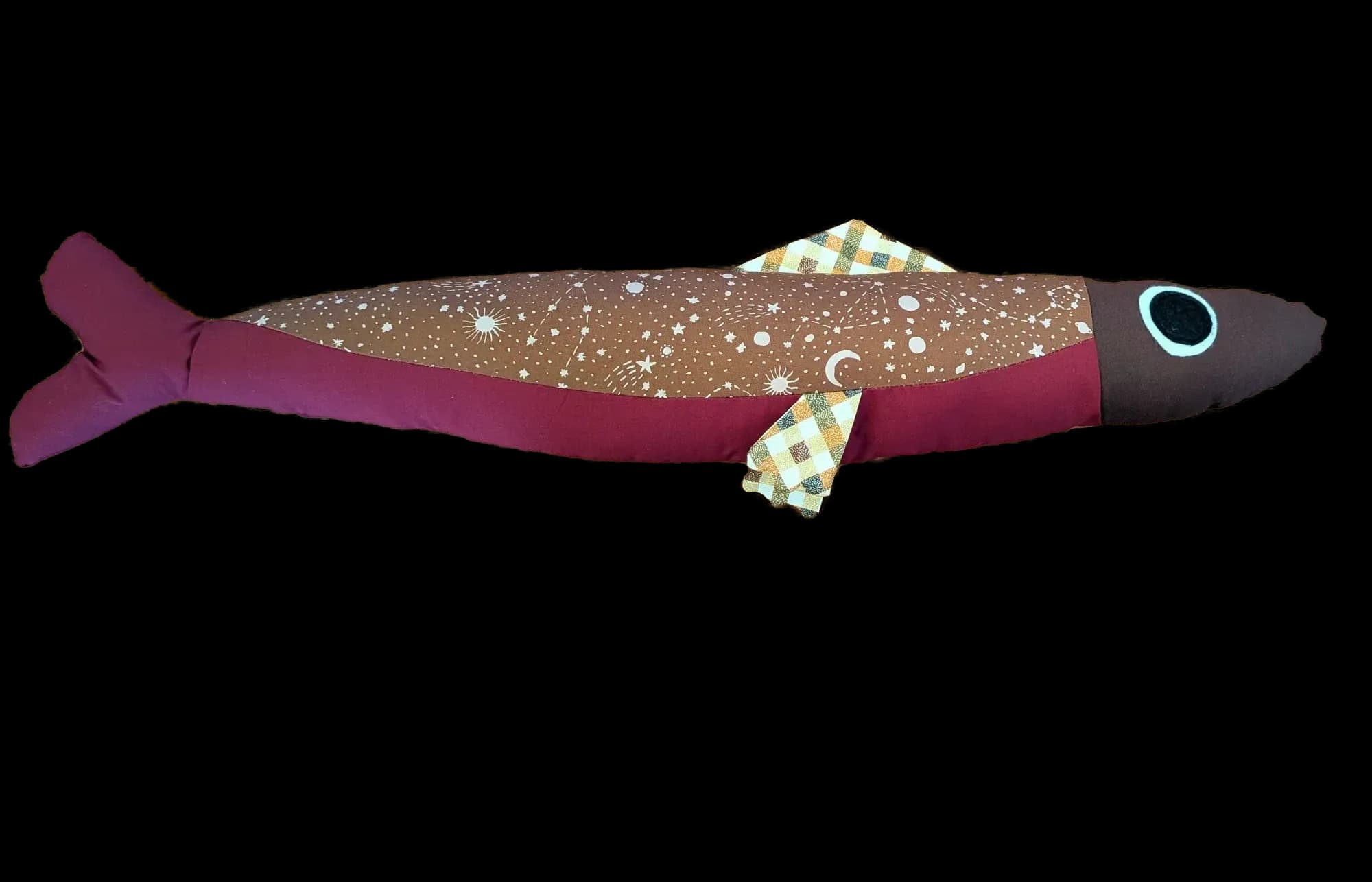 3 foot long red and brown plush sardine