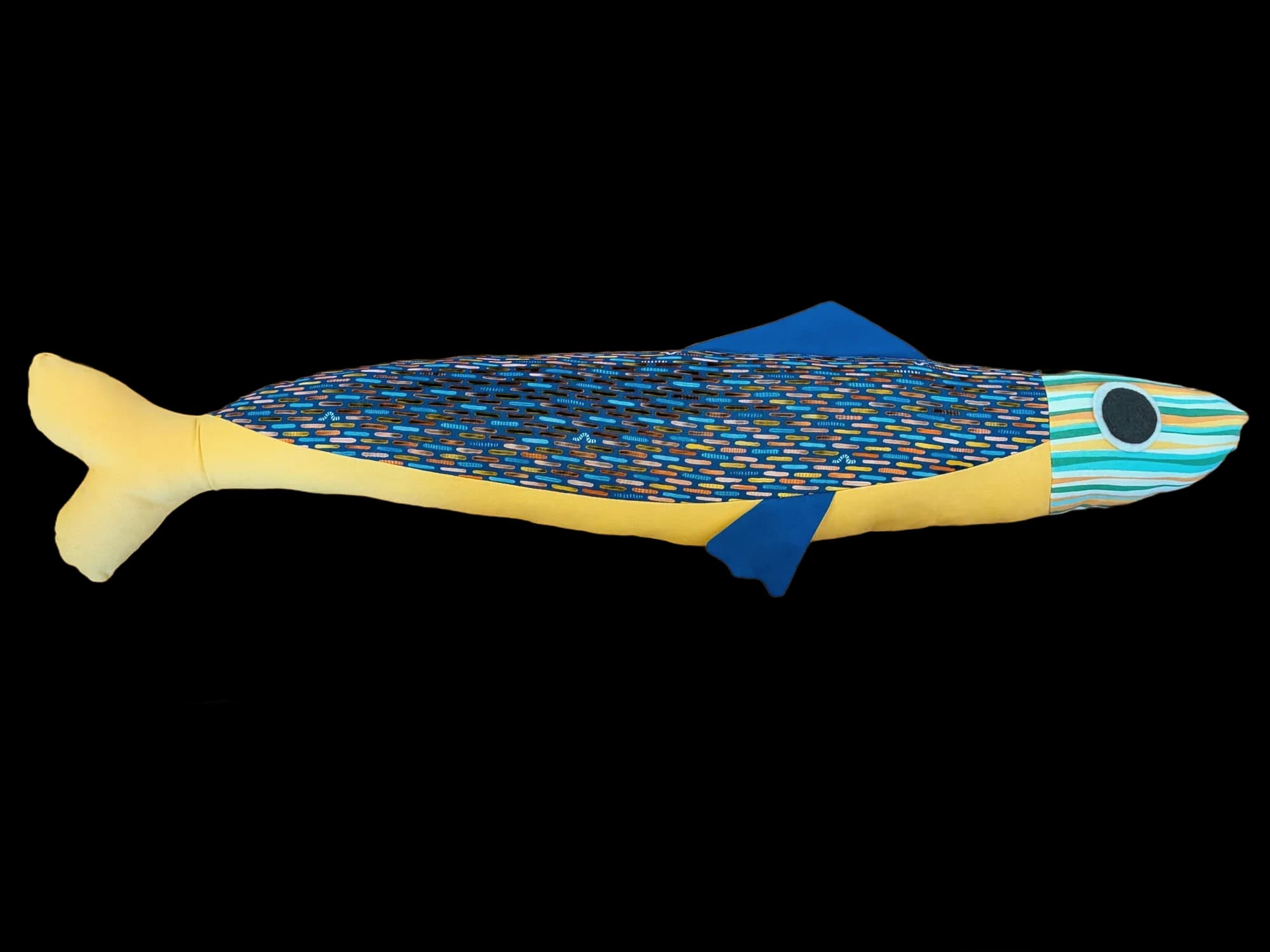 3 foot long yellow and blue plush sardine