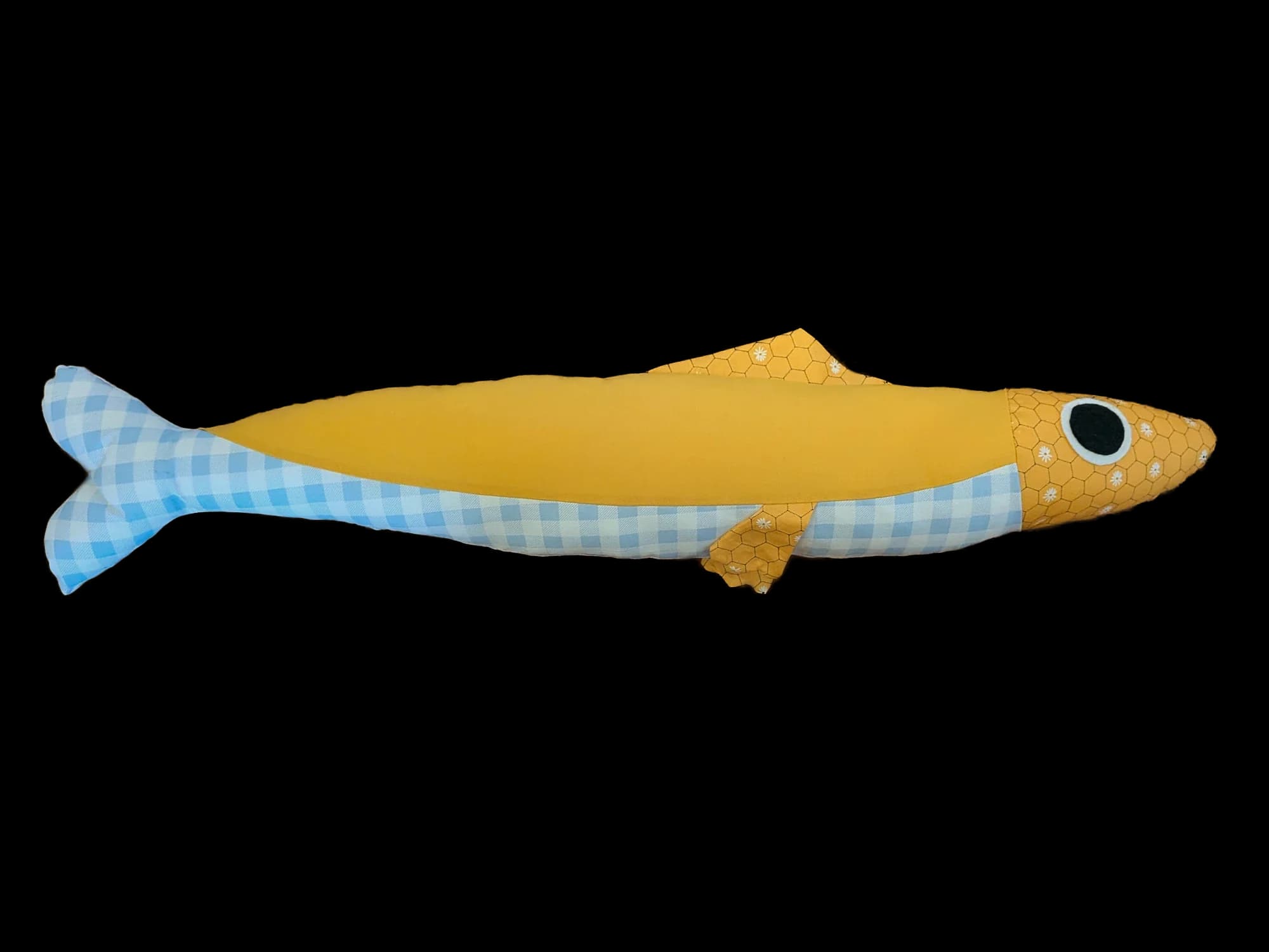 3 foot long yellow and blue plush sardine