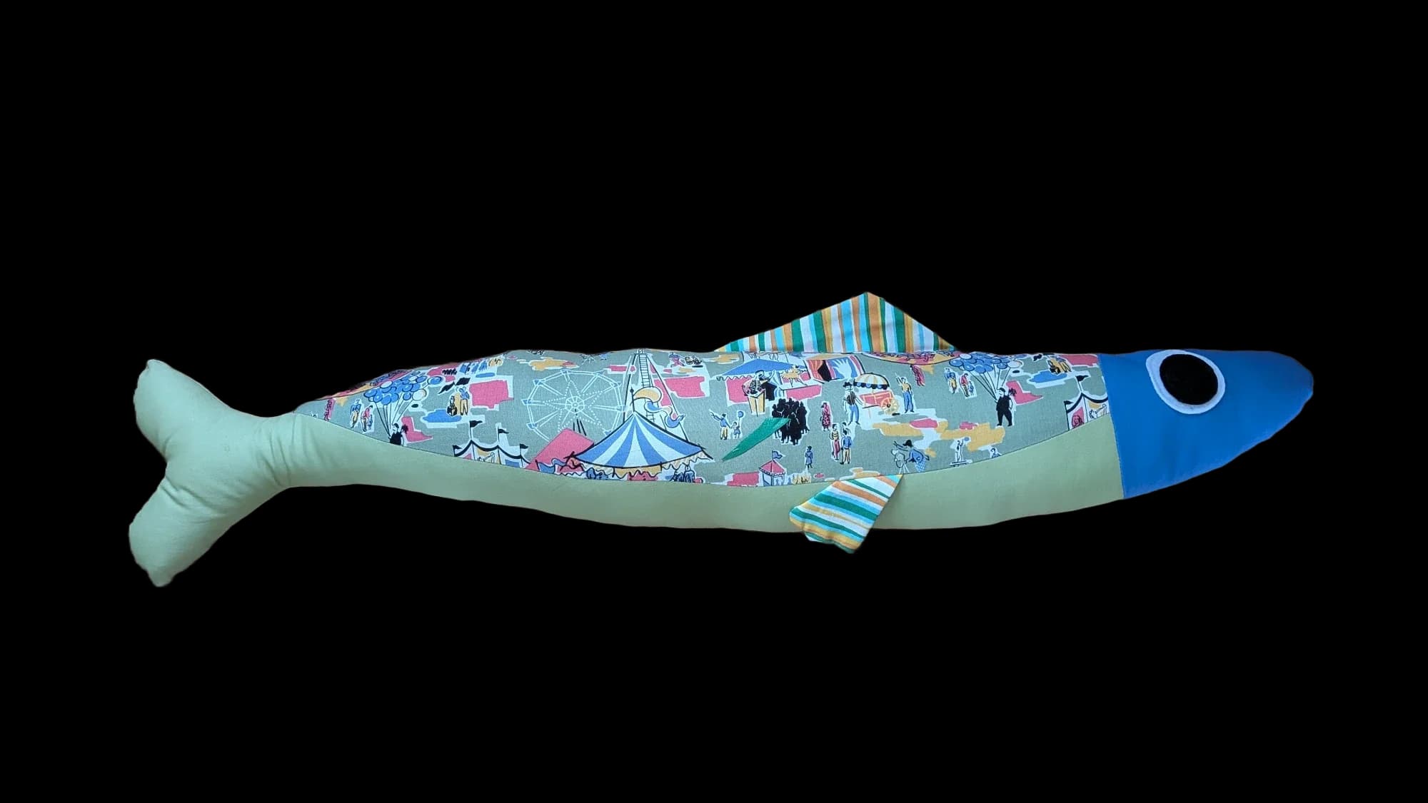 3 foot long carnival and blue plush sardine