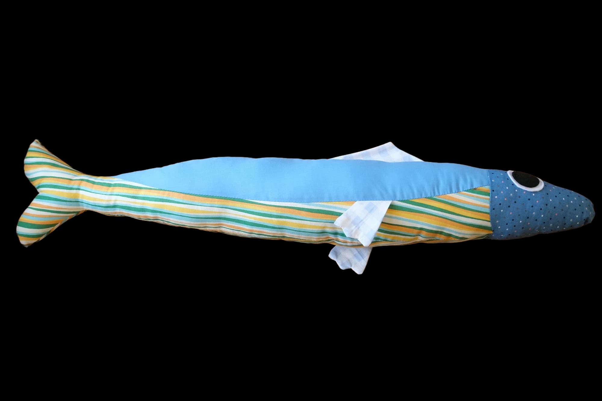 3 foot long yellow and blue plush sardine